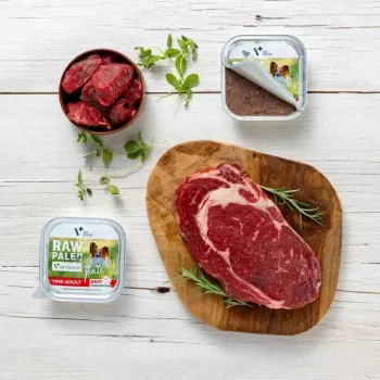 Šlapias šunų maistas VETEXPERT RAW PALEO Pate Mini Adult Beef 150 g — pilnavertis konservuotas ėdalas suaugusiems mažų veislių šunims, 80% drėgmės, 10% baltymų