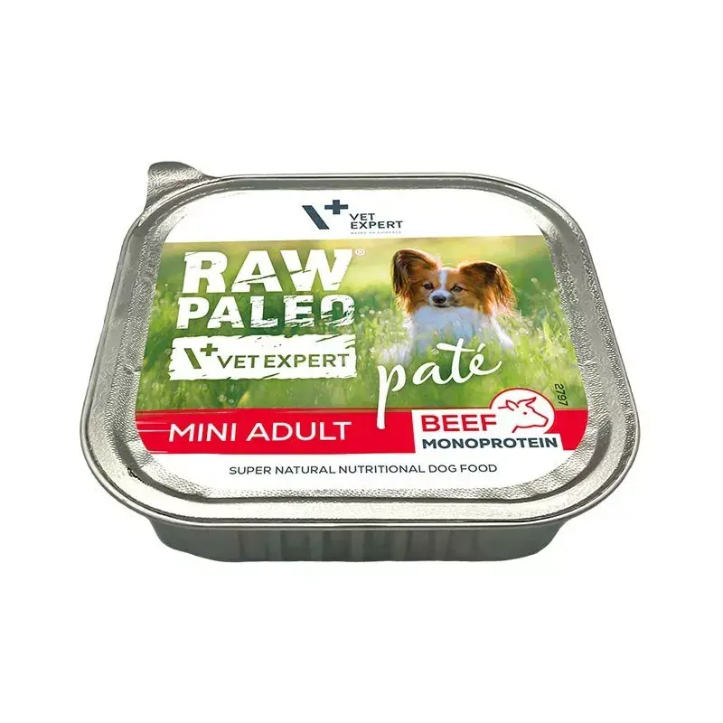 Šlapias šunų maistas VETEXPERT RAW PALEO Pate Mini Adult Beef 150 g — pilnavertis konservuotas ėdalas suaugusiems mažų veislių šunims, 80% drėgmės, 10% baltymų