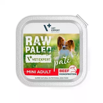 Šlapias šunų maistas VETEXPERT RAW PALEO Pate Mini Adult Beef 150 g — pilnavertis konservuotas ėdalas suaugusiems mažų veislių šunims, 80% drėgmės, 10% baltymų