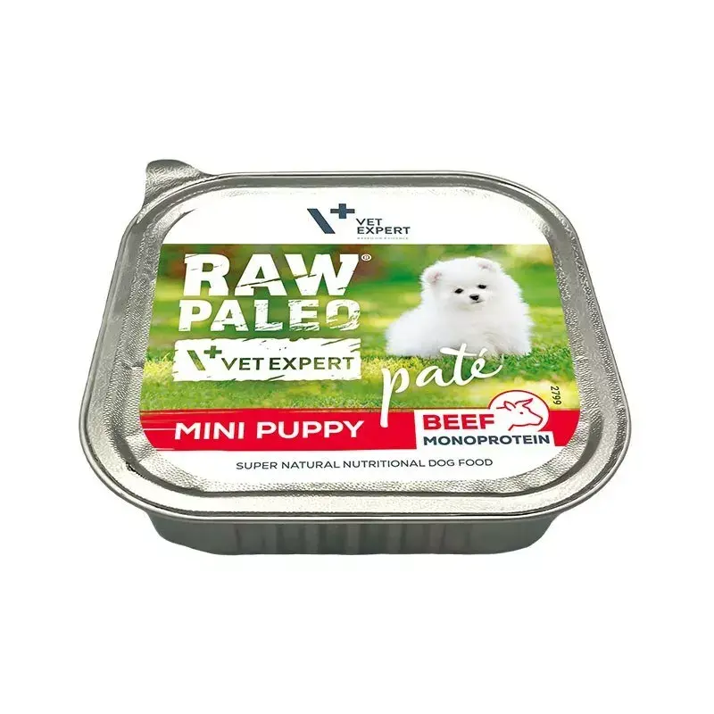 Šlapias šuniukų maistas VETEXPERT RAW PALEO Pate Mini jautiena — vienos rūšies baltymų jautienos 150 g skardinė mažų veislių šuniukams