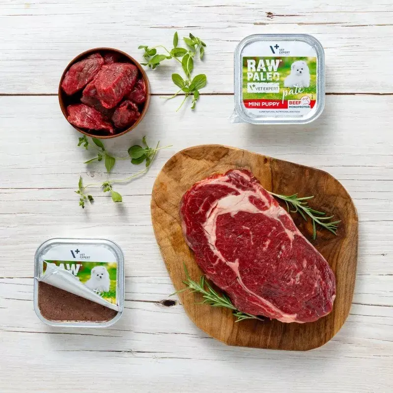 Šlapias šuniukų maistas VETEXPERT RAW PALEO Pate Mini jautiena — vienos rūšies baltymų jautienos 150 g skardinė mažų veislių šuniukams