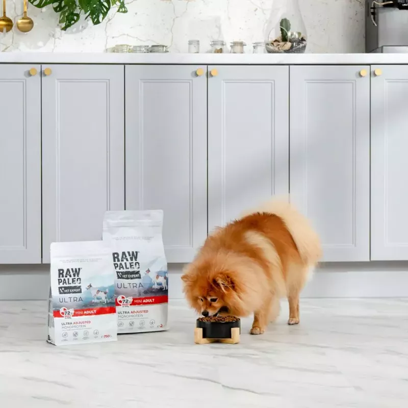 Sausas šunų maistas VETEXPERT RAW PALEO Ultra Mini Adult Beef 2 kg — visavertis ėdalas suaugusiems mažiems šunims, 28,5% baltymų, 16% riebalų