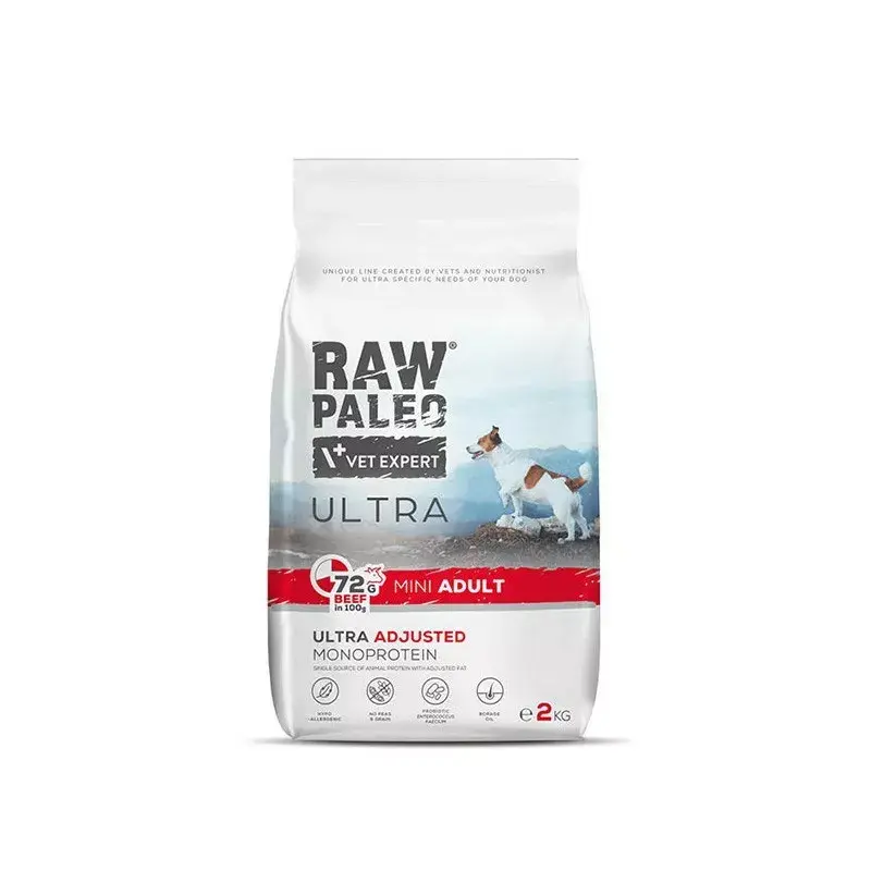 Sausas šunų maistas VETEXPERT RAW PALEO Ultra Mini Adult Beef 2 kg — visavertis ėdalas suaugusiems mažiems šunims, 28,5% baltymų, 16% riebalų