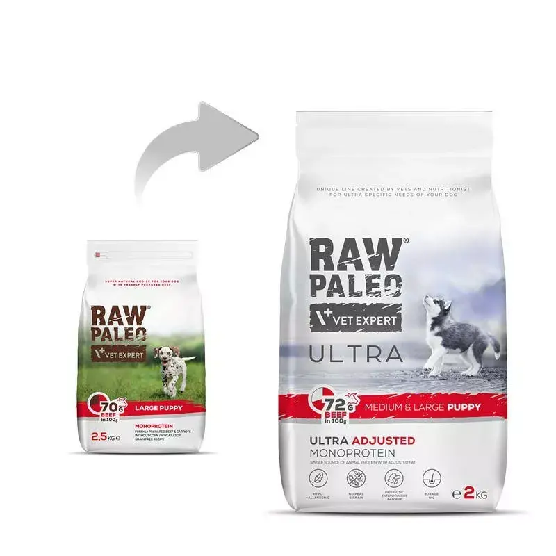 Sausas šuniukų maistas VETEXPERT RAW PALEO Ultra Medium & Large jautiena 2 kg — jautiena, baltymai 30,5%, riebalai 16,5%