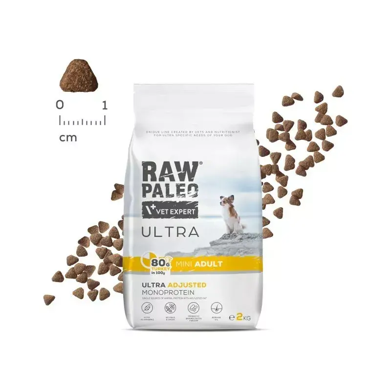Sausas šunų maistas VETEXPERT RAW PALEO Ultra Mini Adult Turkey 2 kg — pilnavertis taukas suaugusiems mažų veislių šunims, baltymai 24,5%, riebalai 14%