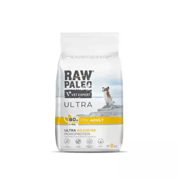 Sausas šunų maistas VETEXPERT RAW PALEO Ultra Mini Adult Turkey 2 kg — pilnavertis taukas suaugusiems mažų veislių šunims, baltymai 24,5%, riebalai 14%