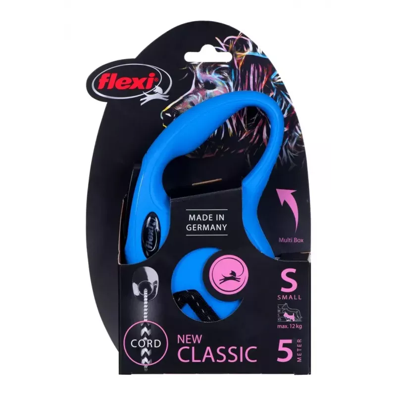 Ištraukiamas šuns pavadėlis Flexi New Classic S — virvelė, 5 m, vienas pavadėlis, mėlynas, maks. apkrova 12 kg
