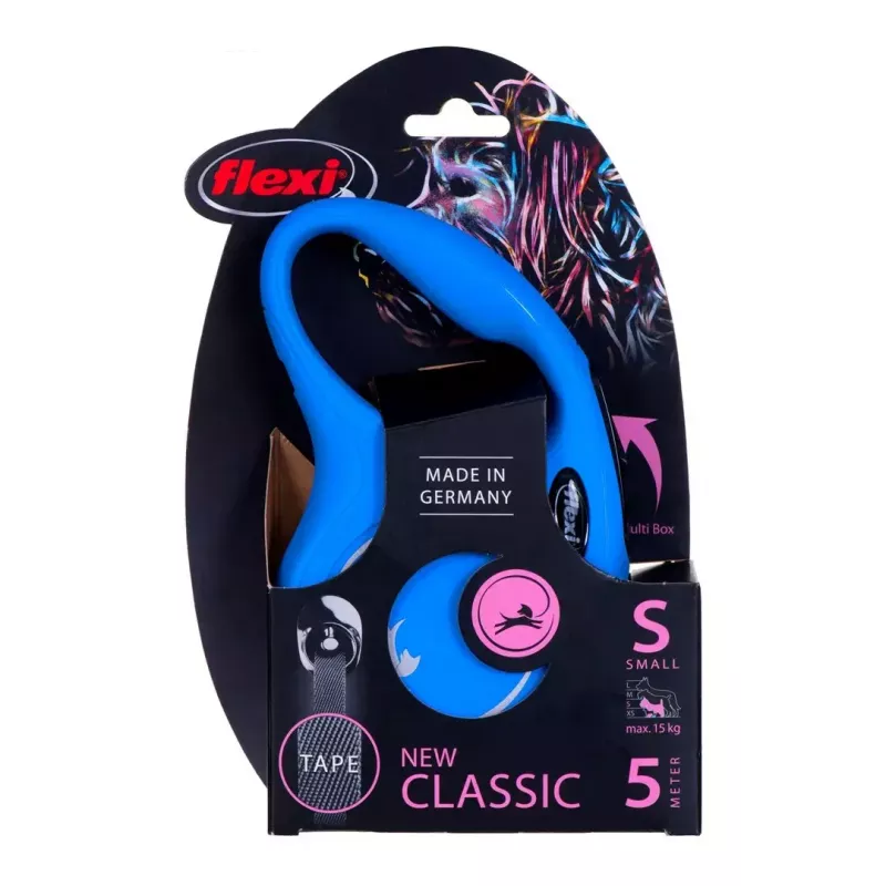 Ištraukiamas šuns pavadėlis Flexi New Classic S, laido pavadėlis, 5 m ilgio, mažiems šunims 5–10 kg, maksimali apkrova 15 kg, mėlynas