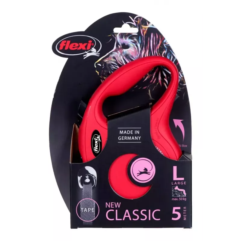 Ištraukiamas šunų pavadėlis Flexi New Classic 5 m, juoda nailono juosta, didelėms veislėms iki 50 kg