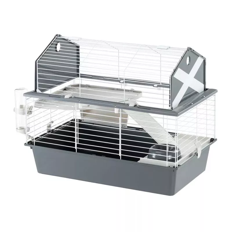 Cage FERPLAST Barn 80 Rabbit Pilka White — 780×480×650 mm, metalas ir plastikas, su dubenėliu