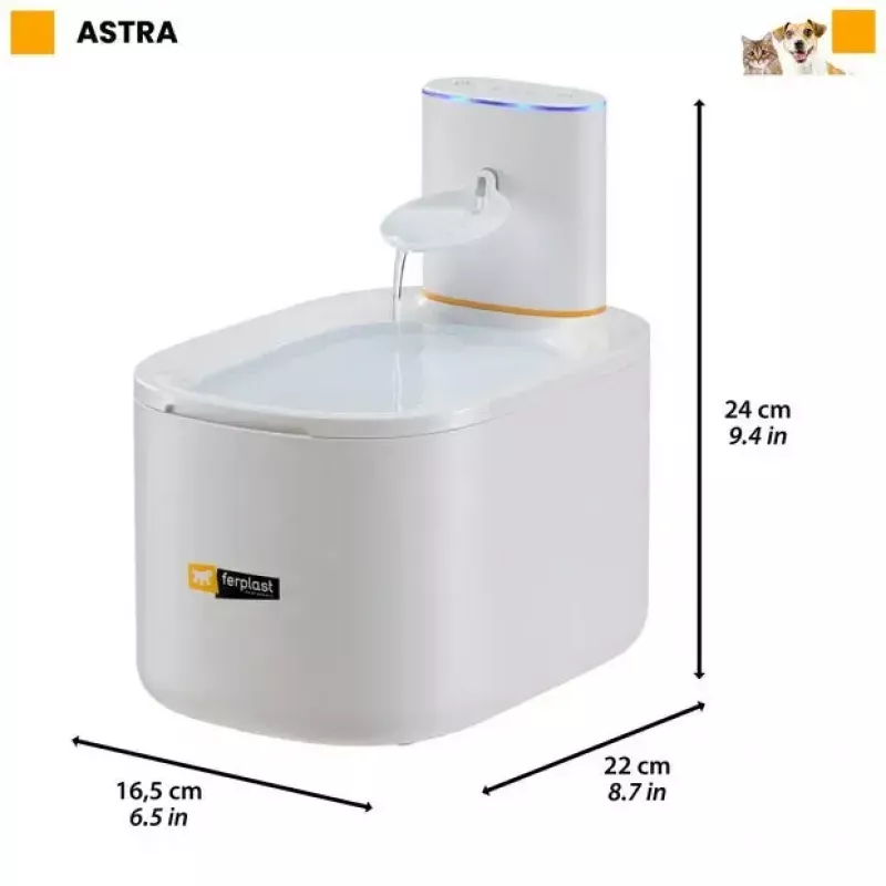 Gyvūnų fontanas FERPLAST ASTRA 3L su judesio jutikliu — 3 l technopolimeras, maitinamas baterijomis / nuolatine srove, 3 pakopų filtravimas