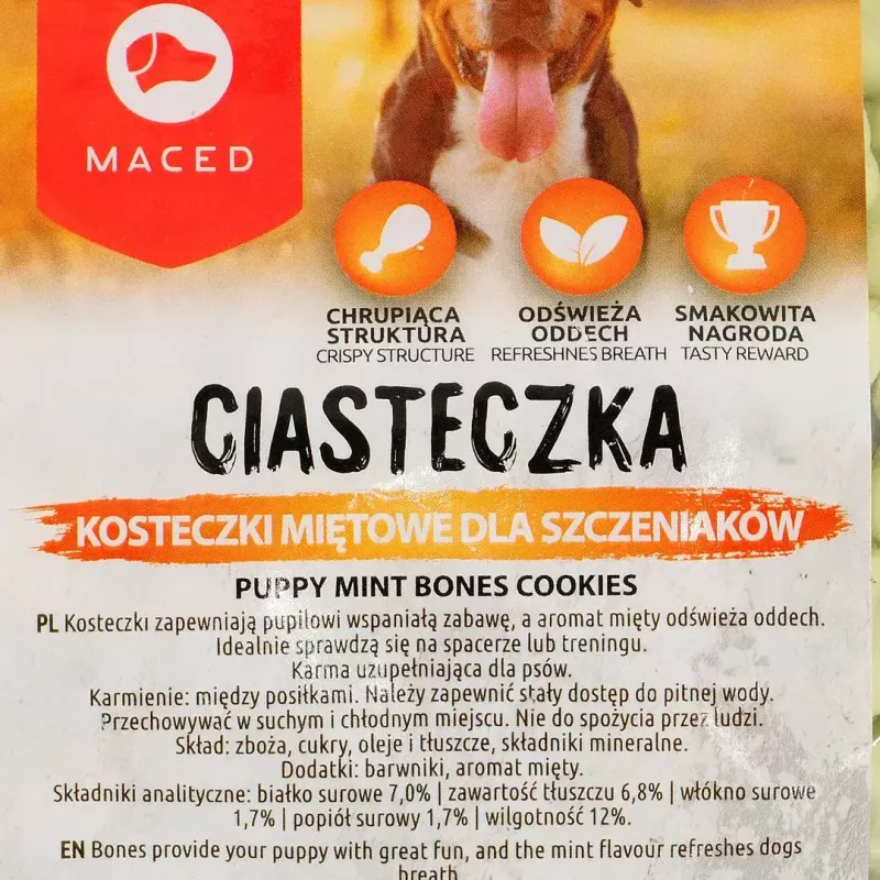 Šunų dresūros skanėstai MACED Puppy Mint Bones Cookies 1 kg — mėtų skonio sausainiai šuniukams, 1 kg plastikinė pakuotė