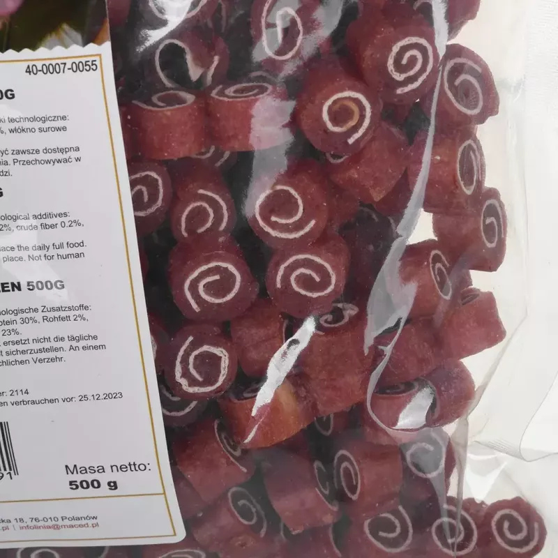 Sausas šunų skanėstas MACED Anties ir Žuvies Suši 500 g — papildomas dresūros užkandis, baltymai 30%, riebalai 2%, be glitimo