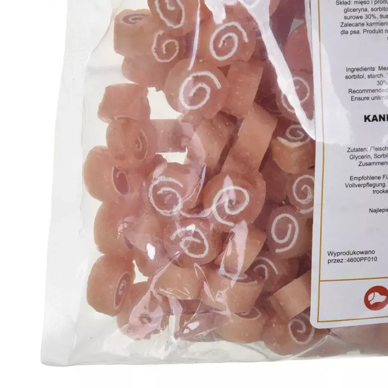 Minkšti šunų skanėstai MACED Sushi su triušiena ir žuvimi 500 g — funkciniai dresūros užkandžiai, baltymai 30%, riebalai 2%, drėgmė 23%