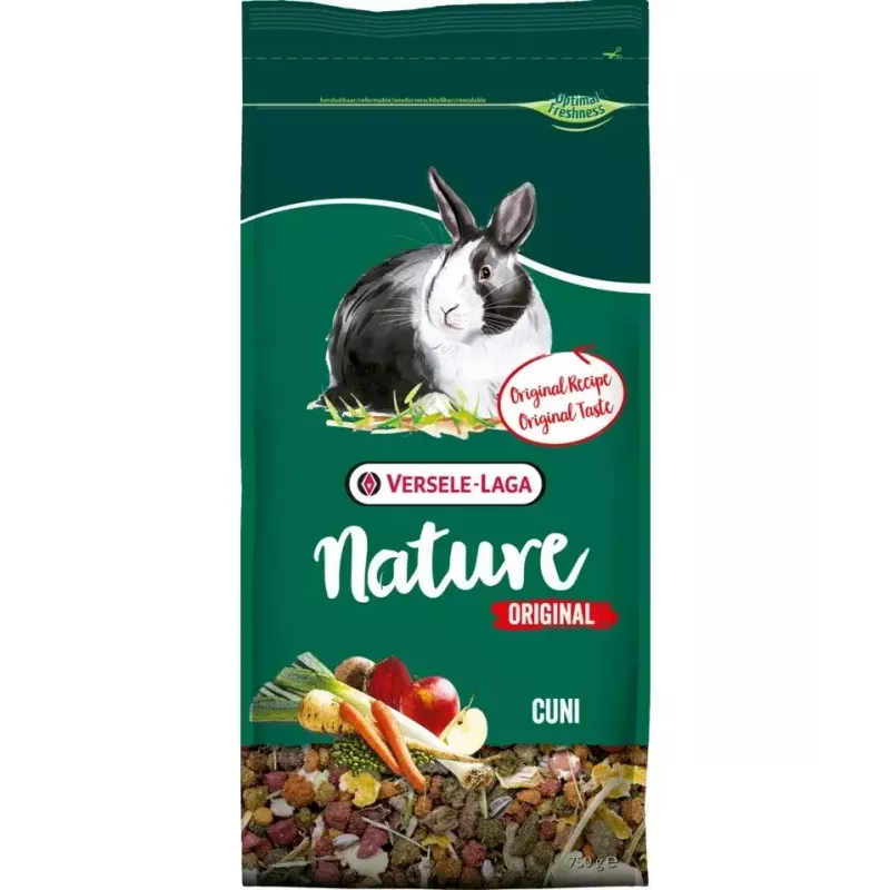 Sausas ėdalas nykštukiniams triušiams VERSELE-LAGA Nature Originali Cuni 2,5 kg — suaugusiems, baltymai 14,5%, riebalai 4%, ląsteliena 13,5%