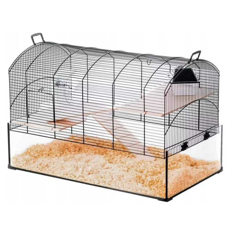 Narvelis ZOLUX NeoPanas XL stiklinis graužikams, juodas, matmenys 710×410×490 mm, stiklinio padėklo aukštis 180 mm, komplekte 2 lentynos, 2 platformos, dubuo, namelis, ratas