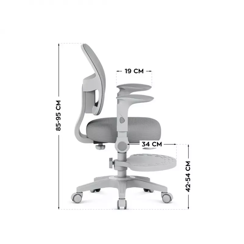 Sukiojama kėdė mark adler Junior 5.0 — ergonomiška tinklinė atloša, porolono sėdynė, reguliuojamas aukštis 42–54 cm, pilka