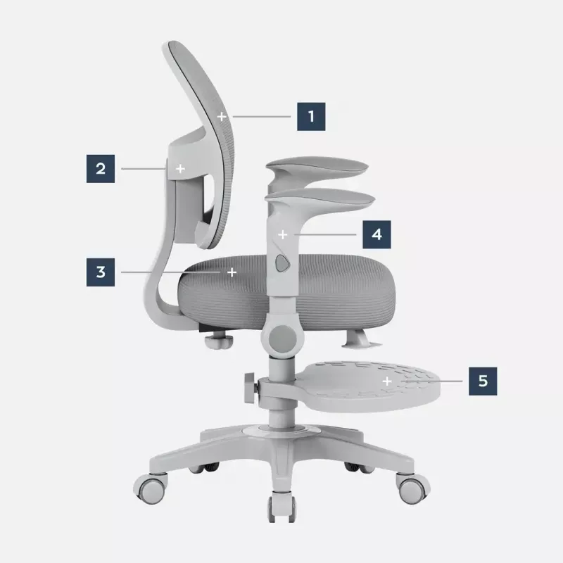 Sukiojama kėdė mark adler Junior 5.0 — ergonomiška tinklinė atloša, porolono sėdynė, reguliuojamas aukštis 42–54 cm, pilka