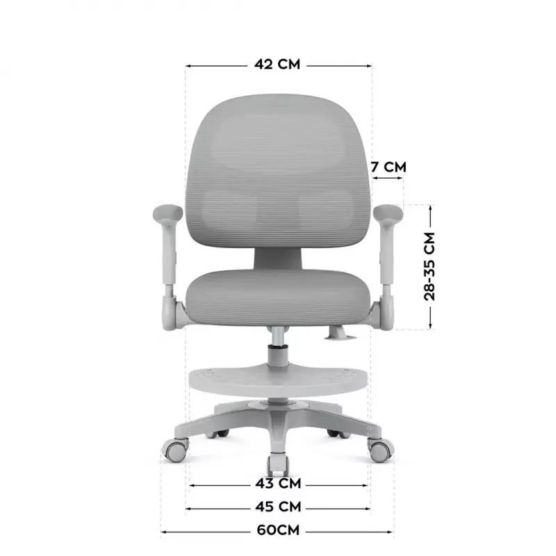 Sukiojama kėdė mark adler Junior 5.0 — ergonomiška tinklinė atloša, porolono sėdynė, reguliuojamas aukštis 42–54 cm, pilka