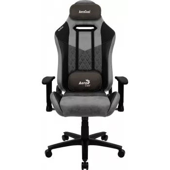 Žaidimų kėdė AEROCOOL DUKE AeroSuede juoda pilka — 2D porankiai, peteliškės mechanizmas, maks. naudotojo svoris 150 kg