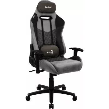 Žaidimų kėdė AEROCOOL DUKE AeroSuede juoda pilka — 2D porankiai, peteliškės mechanizmas, maks. naudotojo svoris 150 kg