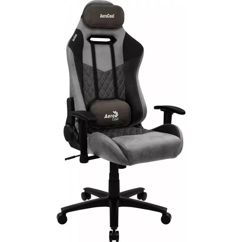 Žaidimų kėdė AEROCOOL DUKE AeroSuede juoda pilka — 2D porankiai, peteliškės mechanizmas, maks. naudotojo svoris 150 kg