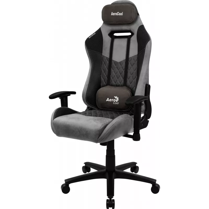 Žaidimų kėdė AEROCOOL DUKE AeroSuede juoda pilka — 2D porankiai, peteliškės mechanizmas, maks. naudotojo svoris 150 kg