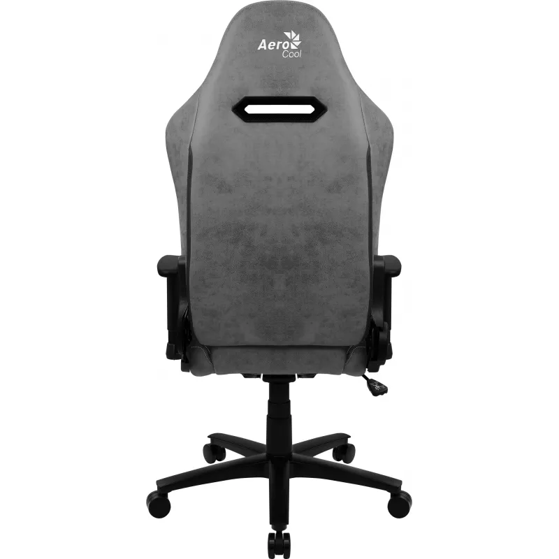 Žaidimų kėdė AEROCOOL DUKE AeroSuede juoda pilka — 2D porankiai, peteliškės mechanizmas, maks. naudotojo svoris 150 kg
