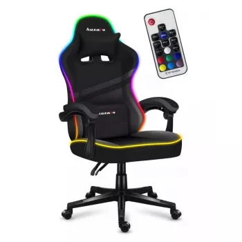 Žaidimų kėdė Huzaro FORCE 4.4 RGB Juoda — medžiaginis paminkštintas kaušinis sėdynė, maks. 130 kg, reguliuojama atlošas, aukštis 115–125 cm, RGB apšvietimas
