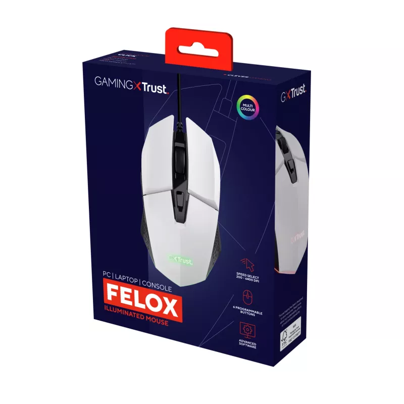 Trust GXT 109W Felox pelė, žaidimų, dešiniarankiams, USB Type-A, optinė, 6400 DPI