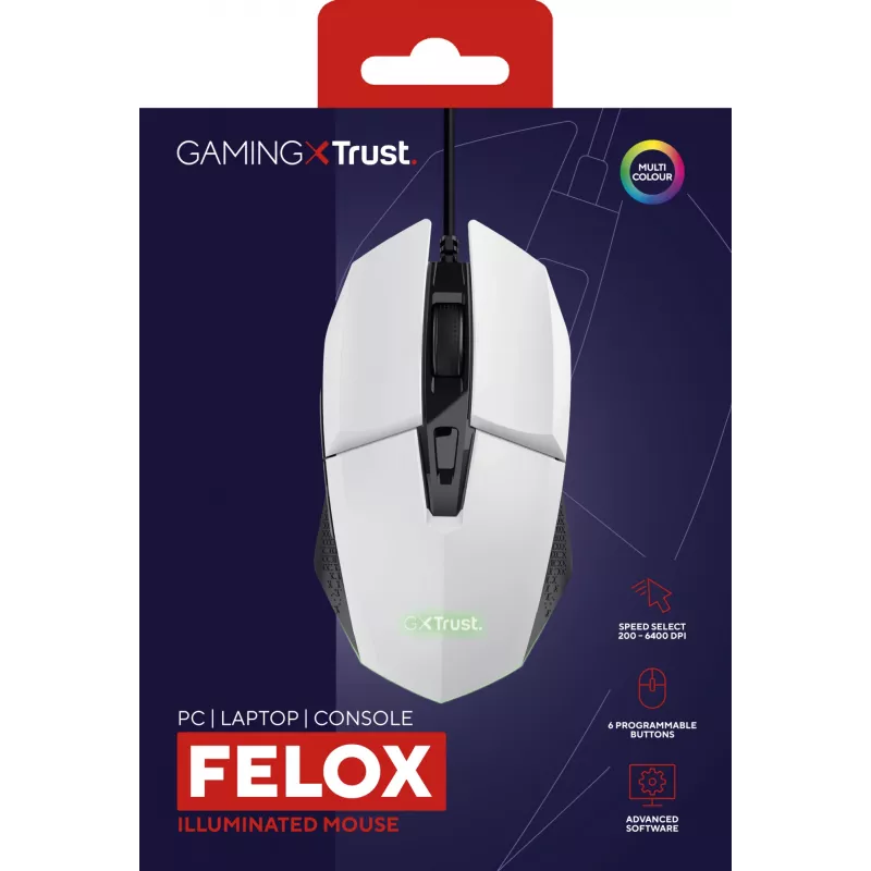 Trust GXT 109W Felox pelė, žaidimų, dešiniarankiams, USB Type-A, optinė, 6400 DPI