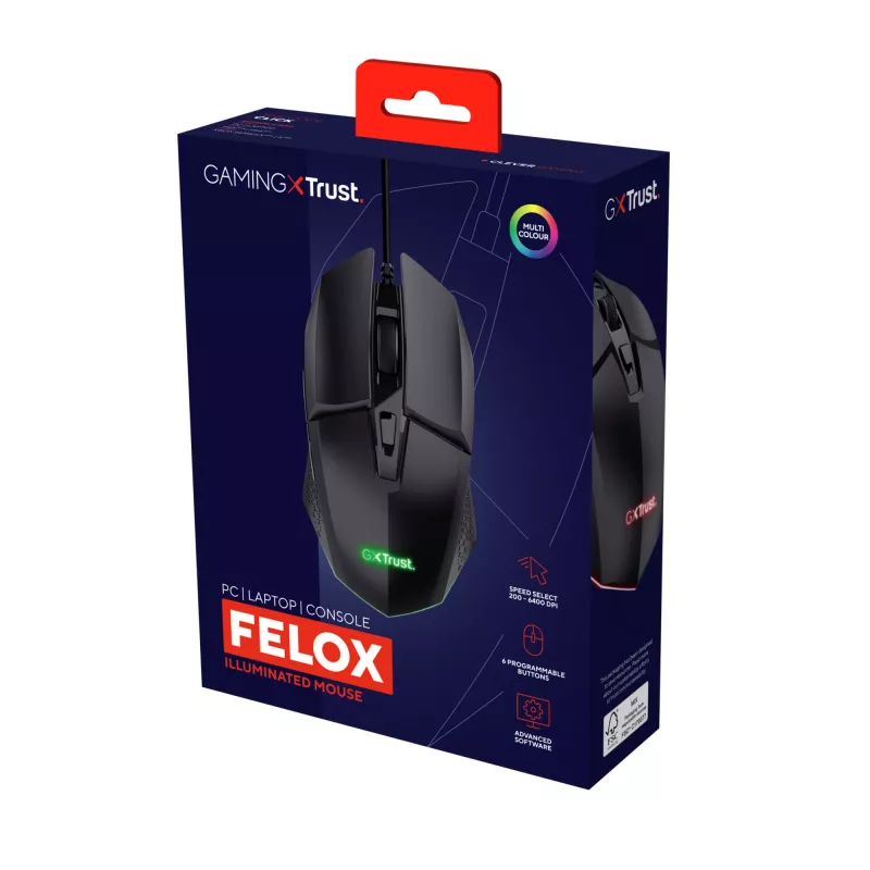 Trust GXT 109 Felox pelė, skirta žaidimams, dešiniarankiams, USB Type-A, optinė, 6400 DPI
