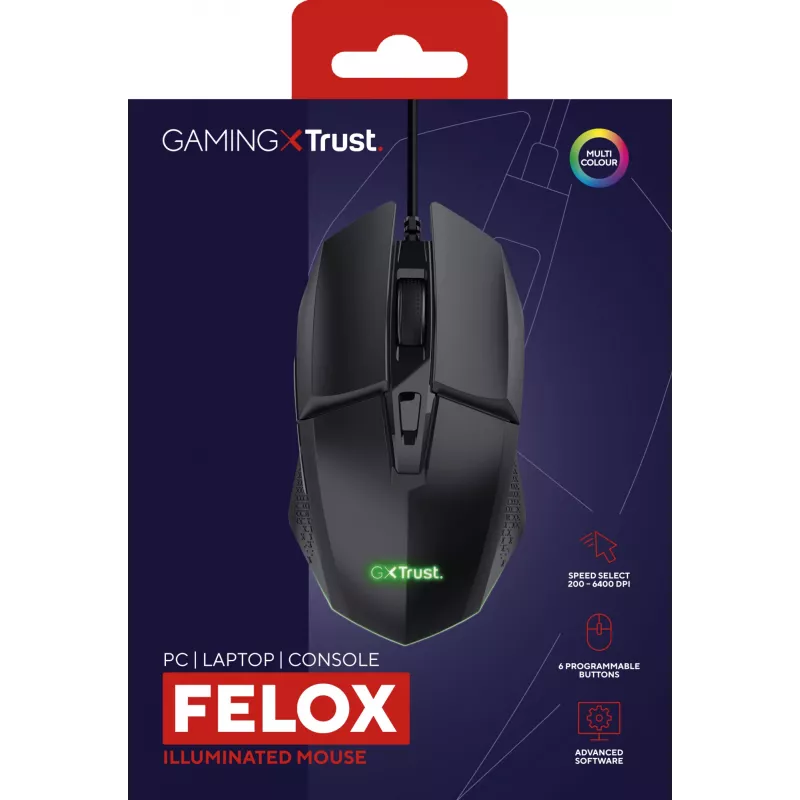 Trust GXT 109 Felox pelė, skirta žaidimams, dešiniarankiams, USB Type-A, optinė, 6400 DPI