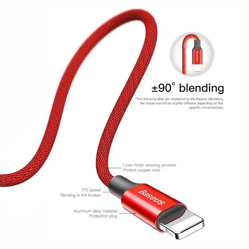 USB-A į Lightning laidas Baseus Yiven 1,8 m, 2 A išvestis, raudonas, termoplastinio elastomero apvalkalas