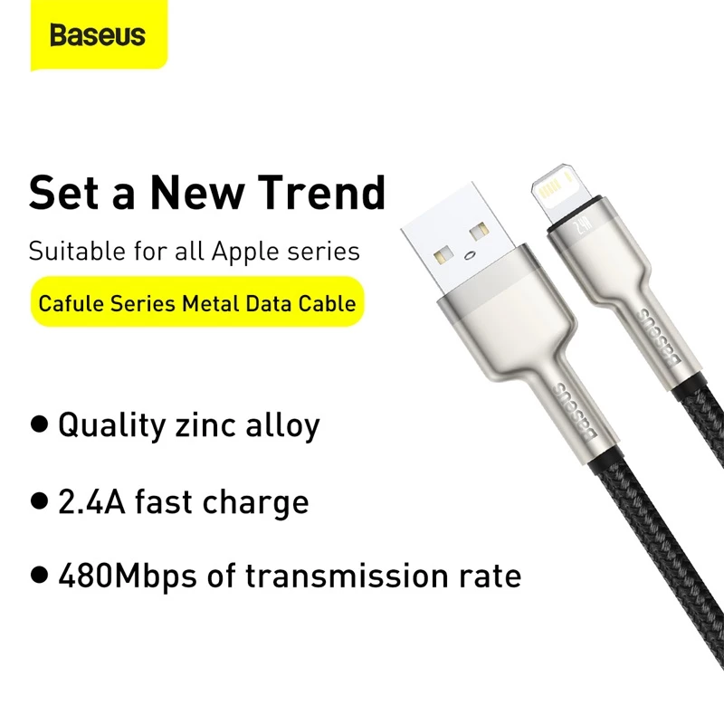 BASEUS Fast Charge Cafule duomenų perdavimo laidas - USB Type-A į Lightning - 480Mbps (2.4A PD) - 1m - juodas