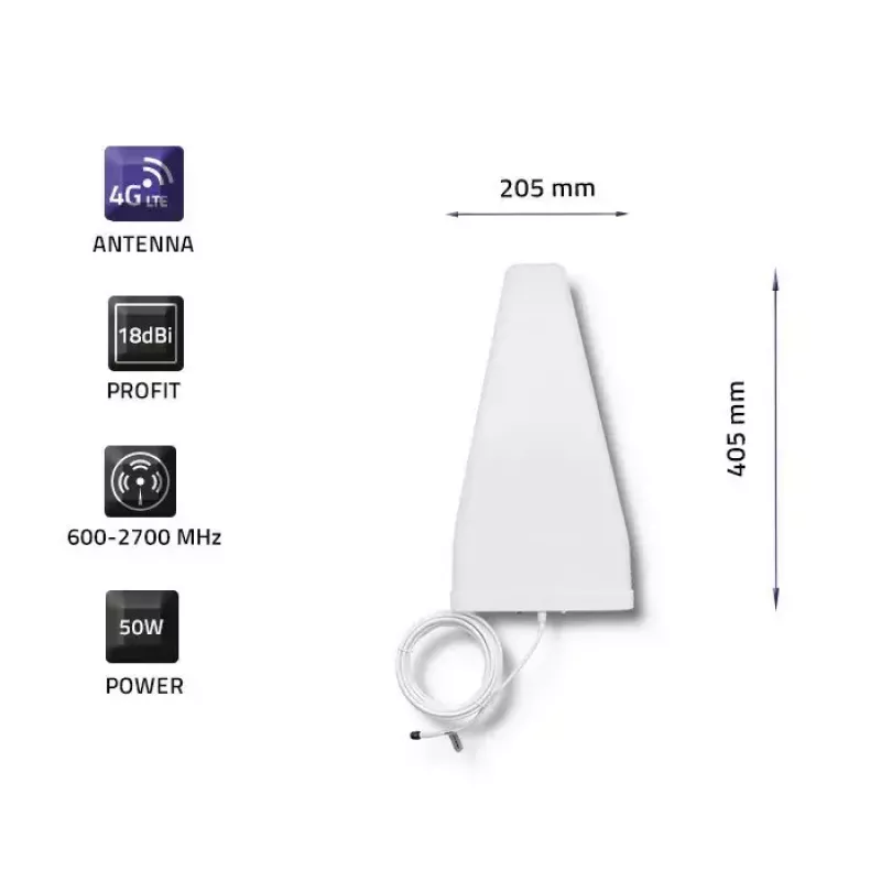 Lauko 4G LTE antena QOLTEC 57021 — 18 dBi stiprinimas, 600–2700 MHz, 50 Ω, 50 W, baltas plastikinis korpusas