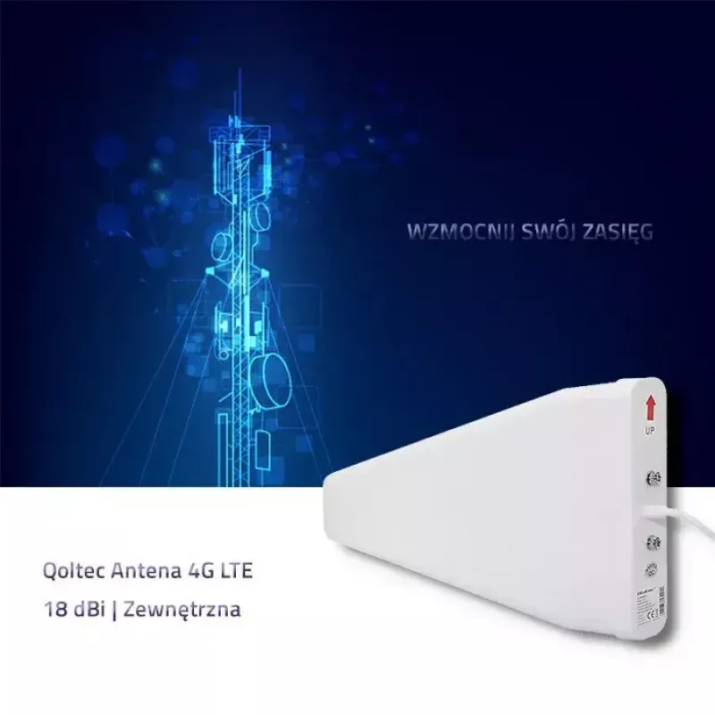 Lauko 4G LTE antena QOLTEC 57021 — 18 dBi stiprinimas, 600–2700 MHz, 50 Ω, 50 W, baltas plastikinis korpusas