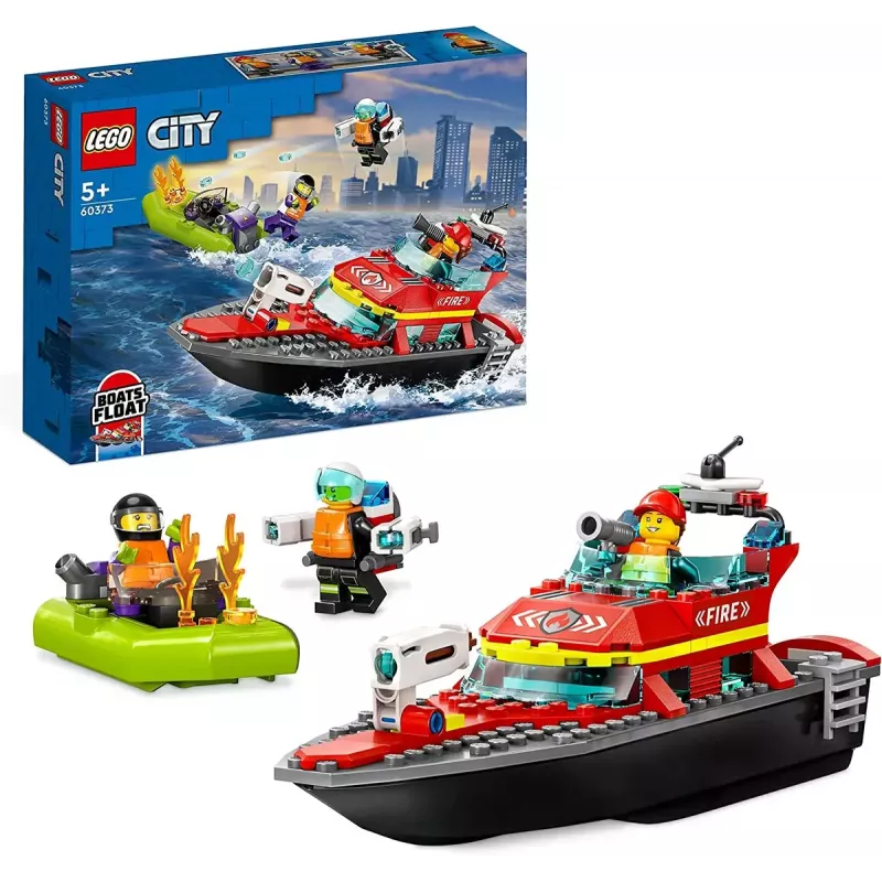 LEGO žaidimų rinkinys „Gaisrinis gelbėjimo laivas 60373“ — „City“ serija, 144 dalys, 3 minifigūrėlės, amžius 5+, matmenys 80×230×70 mm