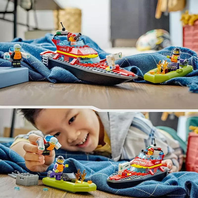 LEGO žaidimų rinkinys „Gaisrinis gelbėjimo laivas 60373“ — „City“ serija, 144 dalys, 3 minifigūrėlės, amžius 5+, matmenys 80×230×70 mm