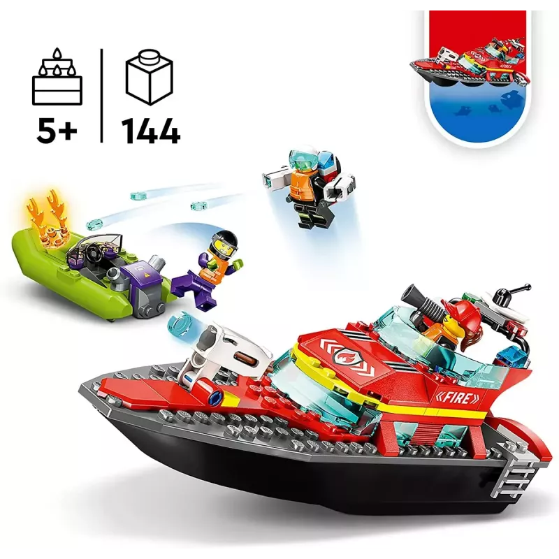 LEGO žaidimų rinkinys „Gaisrinis gelbėjimo laivas 60373“ — „City“ serija, 144 dalys, 3 minifigūrėlės, amžius 5+, matmenys 80×230×70 mm