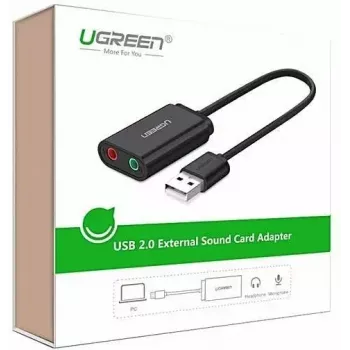 Išorinis USB 2.0 garso adapteris UGREEN 30724 — 2.0 stereo, ausinių išvestis, mikrofono įvestis, 0,15 m laidas, juodas