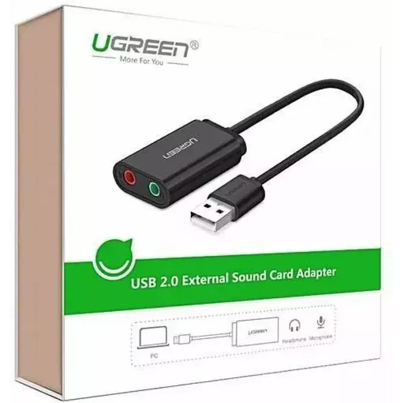Išorinis USB 2.0 garso adapteris UGREEN 30724 — 2.0 stereo, ausinių išvestis, mikrofono įvestis, 0,15 m laidas, juodas