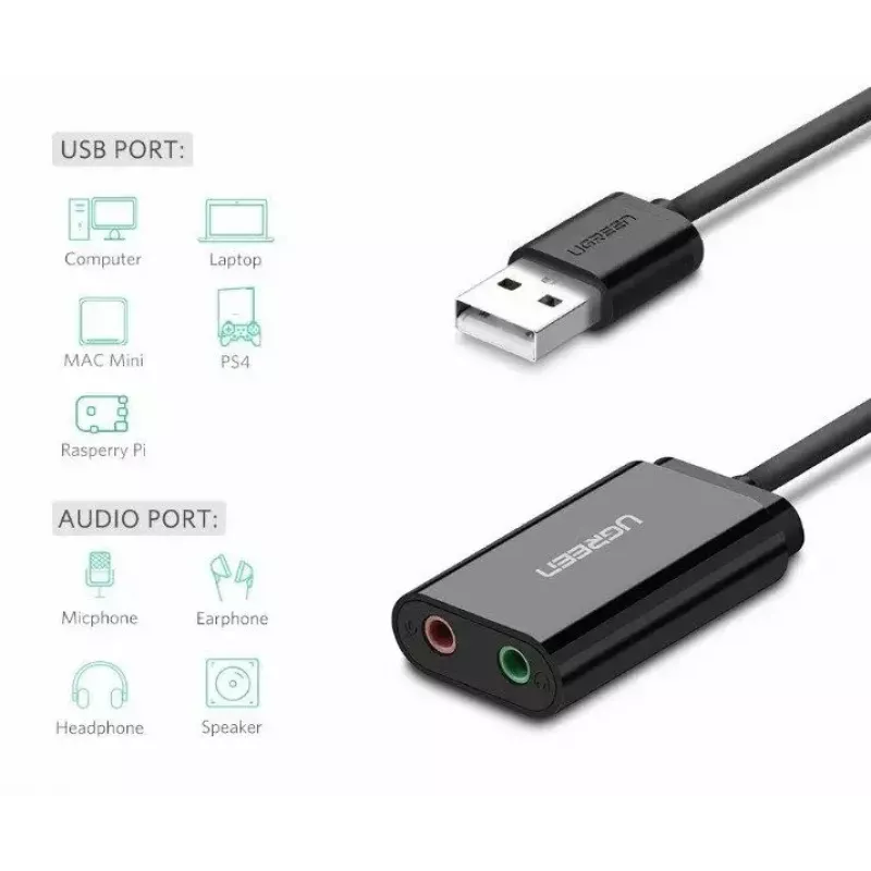 Išorinis USB 2.0 garso adapteris UGREEN 30724 — 2.0 stereo, ausinių išvestis, mikrofono įvestis, 0,15 m laidas, juodas