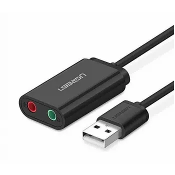 Išorinis USB 2.0 garso adapteris UGREEN 30724 — 2.0 stereo, ausinių išvestis, mikrofono įvestis, 0,15 m laidas, juodas