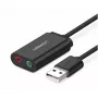 Išorinis USB 2.0 garso adapteris UGREEN 30724 — 2.0 stereo, ausinių išvestis, mikrofono įvestis, 0,15 m laidas, juodas