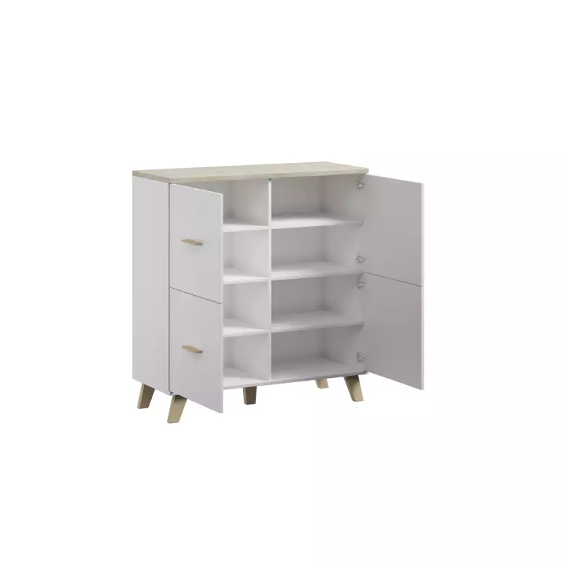 Indauja cama meble LOTTA 110 4D — 4 durelės, 6 lentynos, Sonoma ąžuolo viršus, 1100×540×1190 mm