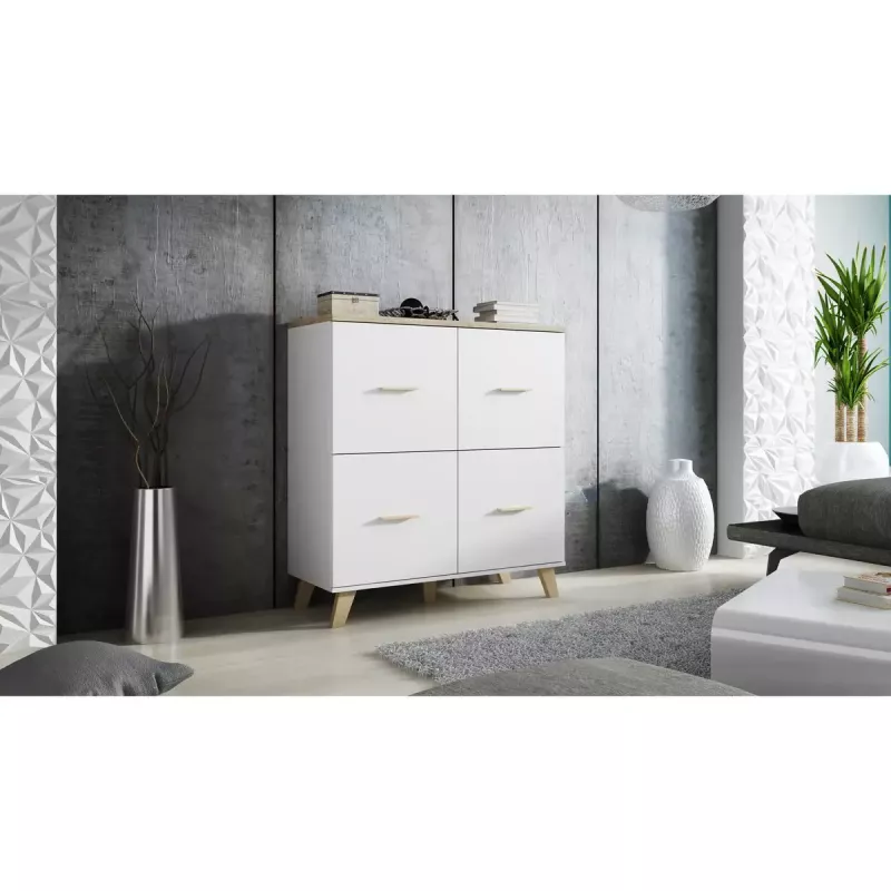 Indauja cama meble LOTTA 110 4D — 4 durelės, 6 lentynos, Sonoma ąžuolo viršus, 1100×540×1190 mm