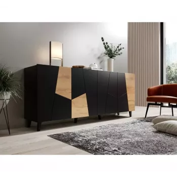Komoda cama meble ETNA 200x42x82 cm, juoda matinė su ąžuolo imitacija, medžio drožlių plokštė