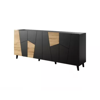 Komoda cama meble ETNA 200x42x82 cm, juoda matinė su ąžuolo imitacija, medžio drožlių plokštė