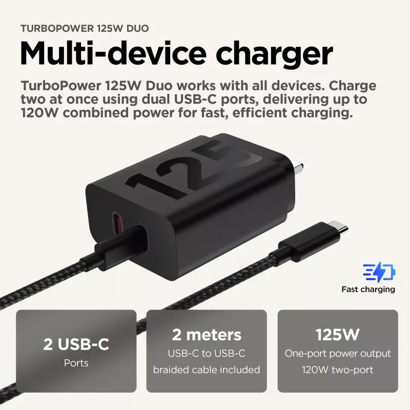 Motorola TurboPower 125W Duo Charger Universal Juoda AC Fast įkrovimas vidaus
